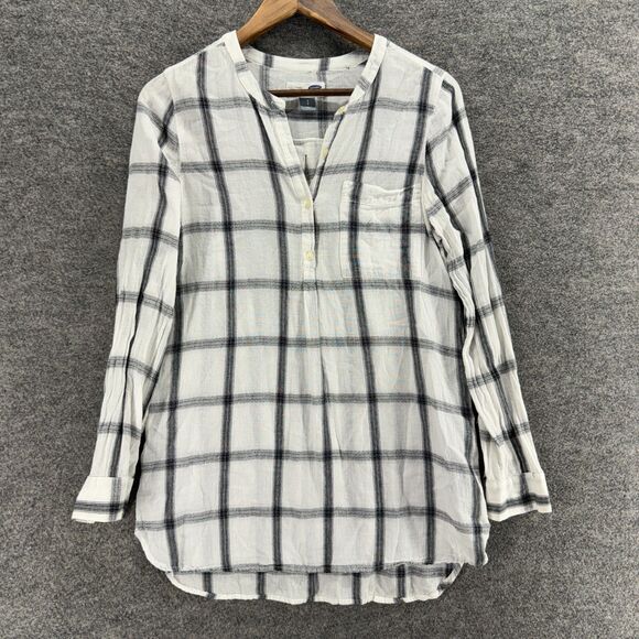Old Navy Tops - Old Navy Tunic Blouse Women S Small White Plaid V-Neck Long Sleeve 1/2 Button